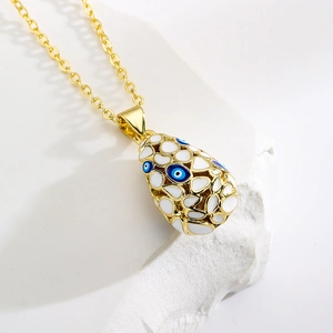 18K gold plated copper necklace with evil eye drop pendant in blue and white enamel