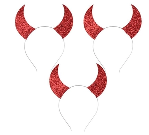 Three red glitter devil horn headbands for Halloween party costumes on white background