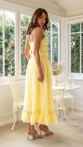 Détail d'une robe jaune dos nu avec de fines bretelles et un tissu texturé au soleil