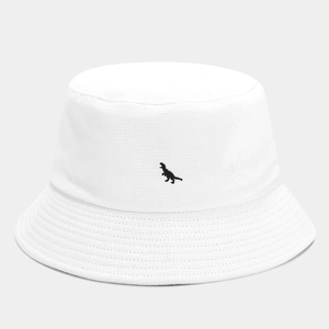 White cotton bucket hat with black dinosaur embroidery on a minimalist grey background