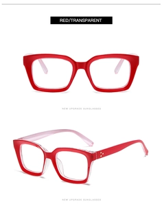 Detail of square glasses frame showing red and transparent bicolor splicing from two angles