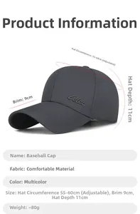 Size specifications of dark grey Ceier baseball cap with 9cm brim and adjustable strap