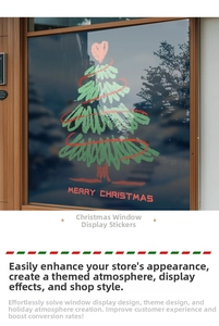 Detail of Christmas tree window decal with red accents and Merry Christmas lettering