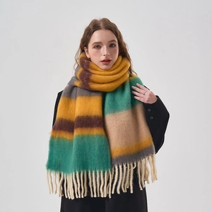 Striped cashmere-like scarf with fringe in yellow, green, brown, and beige tones