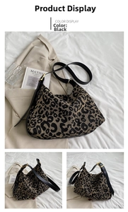 Detailed close-up of leopard print canvas tote with black leather strap and gold buckle