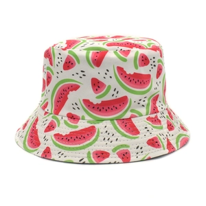 Detail of white cotton sun hat featuring vibrant red and green watermelon print pattern