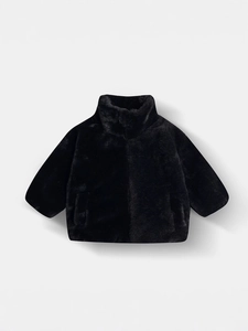 Black faux fur kids winter coat with stand collar and thickened warm plush fabric