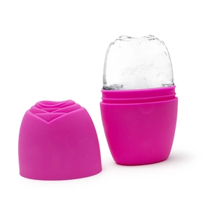 Pink silicone ice roller with rose shape showing clear ice block for face lifting