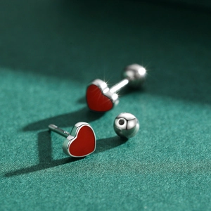 Minimalist S925 sterling silver red heart enamel stud earrings with secure screw back closure
