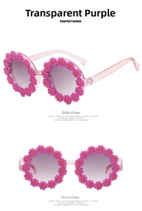 Detail view of kids daisy sunglasses with purple gradient lenses and pink floral frames