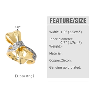 Detailed dimension chart for gold plated bow open ring with zircon inlay and sizing info