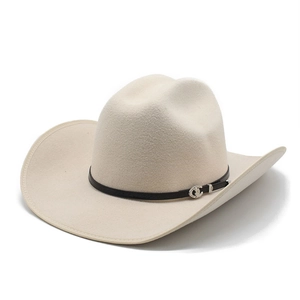 Close-up of beige felt cowboy hat featuring a black leather band and silver buckle