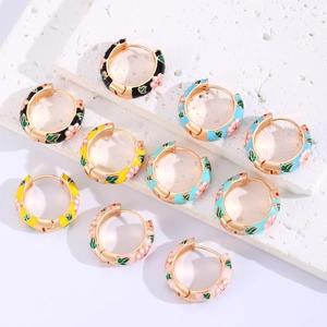 Vintage Chinese style round hoop earrings with colorful enamel floral patterns in various colors