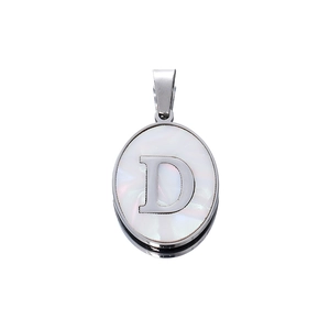 Detail of oval stainless steel pendant with white mother of pearl inlay and letter D