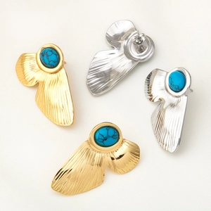 Minimalist stainless steel wing earrings with turquoise stone in gold and silver finish