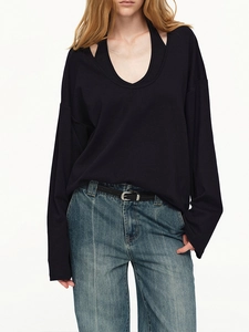 Slim fit black long sleeve T-shirt with layered neckline and minimalist chic design