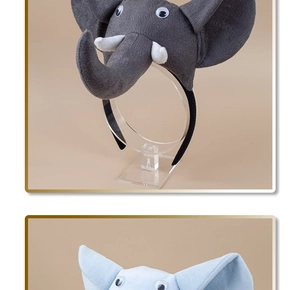 Detailed view of plush elephant headbands in grey and blue on a display stand