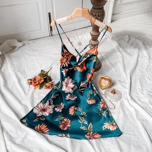 Floral Print Satin Nightgown Spaghetti Strap V-Neck Backless Imitation Satin Sleepwear For Women