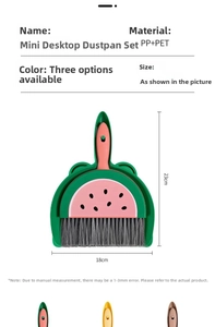 Detail view of mini watermelon-patterned desktop dustpan and brush set dimensions