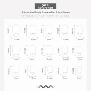 Size chart showing 15 different nail press-on dimensions in millimeters for a perfect fit