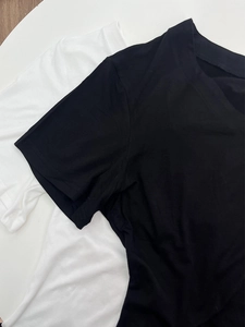 Detail showing high-quality cotton texture of V-neck T-shirts in black and white colors