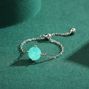 S925 sterling silver chain ring with round light blue tourmaline in adjustable design