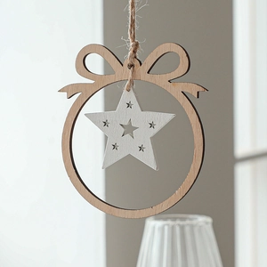 Nordic wooden Christmas star pendant with white bow and natural round hollow frame