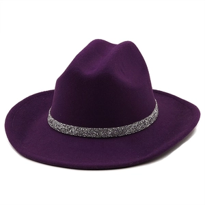 Detail of dark purple wool fedora hat with sparkling silver rhinestone chain decoration