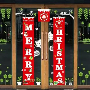 Three-piece red Christmas banner set with Santa and snowman for holiday door decoration