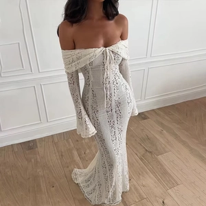 Vestito Da Sera Sexy In Pizzo Mesh Spalle Scoperte Manica Lunga Tromba Bodycon Sirena Elegante Vita Alta Lungo Al Pavimento