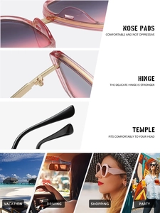 Gafas de sol cuadradas rosa con detalles de almohadillas nasales, bisagra y patilla