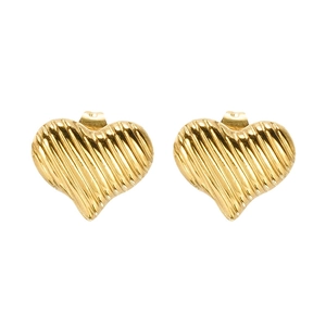 Polished 18K gold plated heart stud earrings with elegant vertical textured finish
