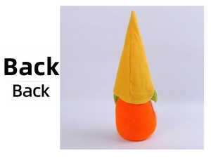 Detailed back view of a plush autumn Christmas gnome with a yellow hat and orange body