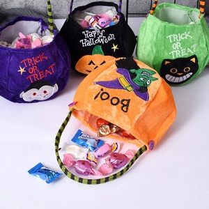 Halloween character gift bags set featuring pumpkin, vampire, cat, and witch embroidery