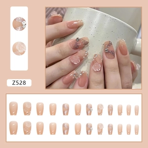 Press-on nails with 3D camellia, pearls and rose gold glitter in pink gradient style