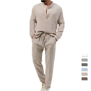 Men's casual long sleeve henley shirt and drawstring pants set in beige waffle texture