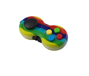 Detail shot of rainbow stress relief toy with game controller buttons and joystick