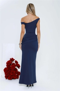 Rear view of navy one-shoulder maxi dress with elegant back cutout and ruched detailing