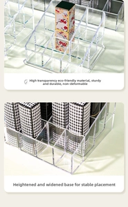Macro shot of tiered acrylic lipstick organizer with stable base and transparent slots