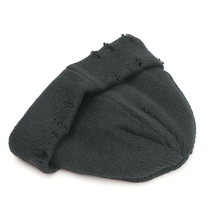 Close-up of black knitted beanie with distressed hole details and ribbed texture