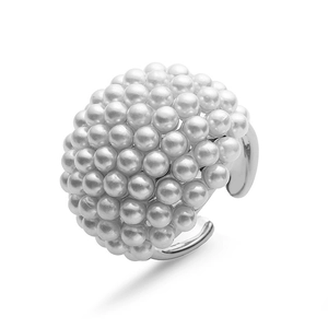 Macro shot of silver ring featuring a dense cluster of lustrous white pearls on top