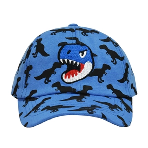 Dettaglio cappellino blu per bambini con ricamo a dinosauro e stampe all-over in cotone