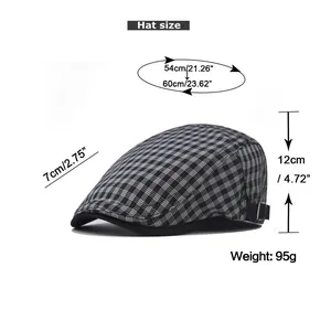 Detailed size guide for plaid beret hat with dimensions 54-60cm circumference