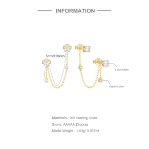 Detailed specs of gold 925 silver chain earrings with AAAAA zirconia and S925 stamp