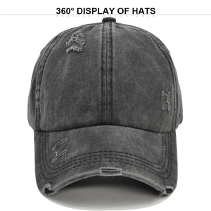 Detail showing distressed grey baseball cap fabric with ripped effects and washed cotton texture