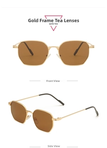 Detailed front and side views of geometric gold metal frame sunglasses with tea lenses
