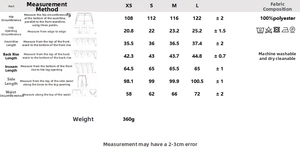 Size chart for women's bow lantern pants with measurements for XS to L and washing guide