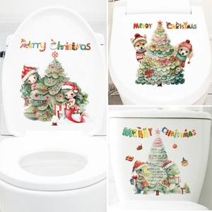 Christmas Toilet Seat Stickers PVC Removable Self Adhesive Wall Decals For Bathroom Decor Cartoon Tree Merry Christmas