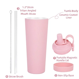 Rosa 830ml Edelstahl-Strohhalmbecher mit Keramikbeschichtung und Magnetgriff