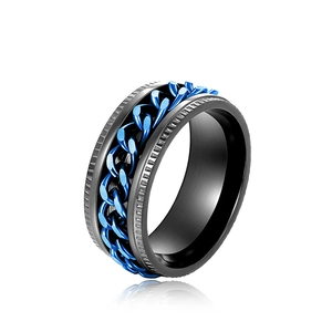Macro shot of rotatable blue chain inlay on brushed black steel punk style ring